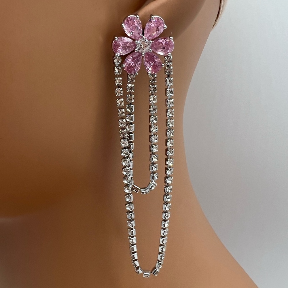 PINK CLEAR CZ FLOWER DANGLE EARRINGS